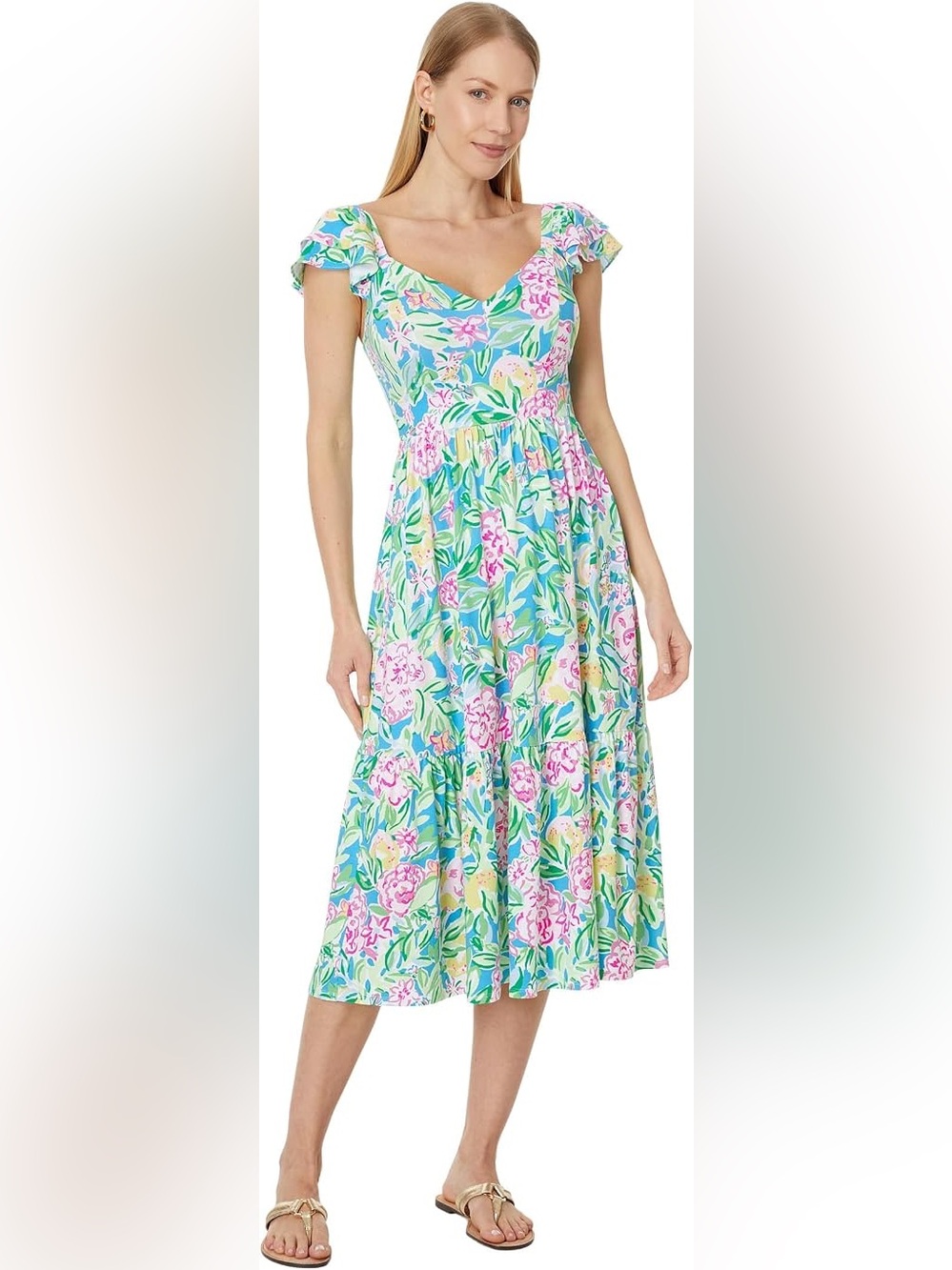 Lilly Pulitzer Bayleigh flutter sleeve Floral Midi Dress multi grove garden